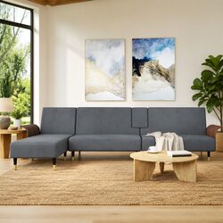 L-Shaped Sofa Bed Grey Convertible Sleeper Couch Chaise Lounge with Tea Table