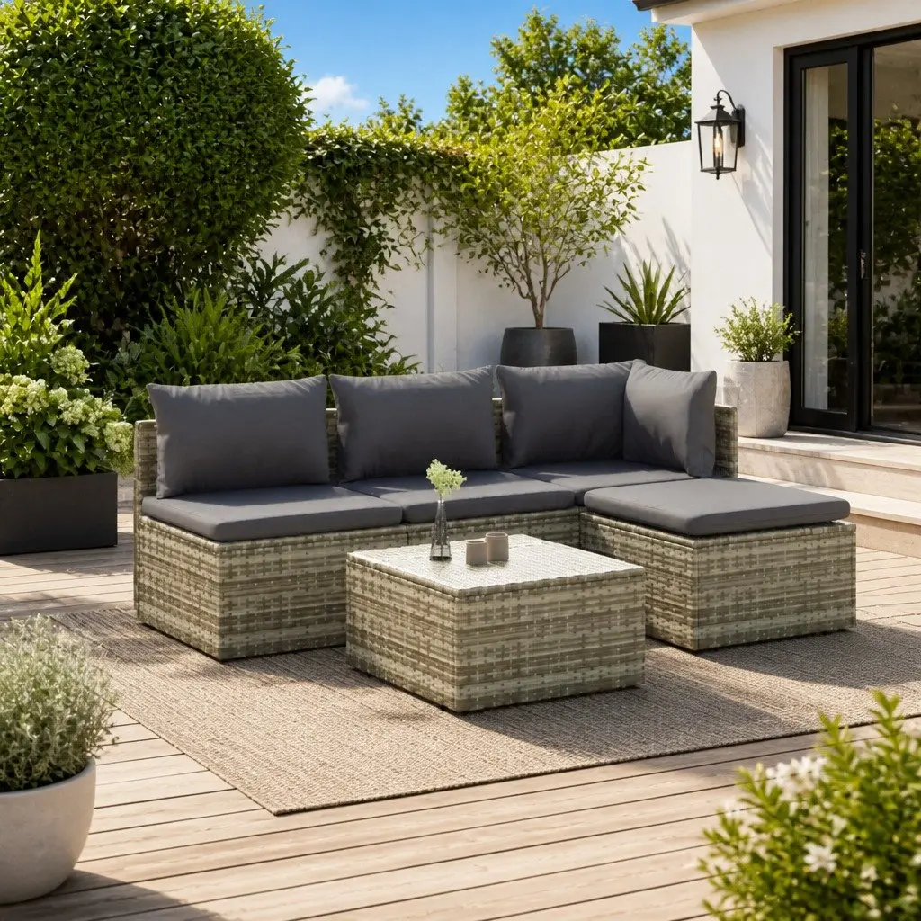 Outdoor Furniture Set 5 Piece Grey Poly Rattan Lounge Set for Relaxing with Cushions
