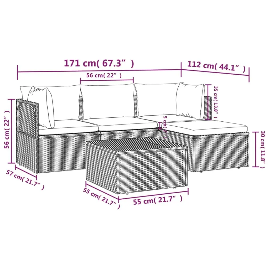 Garden Lounge Set 5 Piece Outdoor Furniture Patio Sofa Dining Grey with Cushions