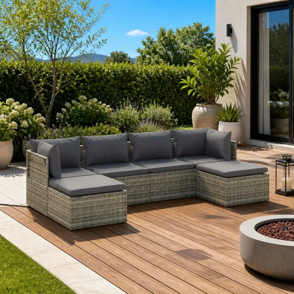 6 Piece Garden Lounge Set Outdoor Furniture Grey Poly Rattan Cushions