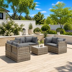 7 Piece Garden Lounge Set Grey Poly Rattan Outdoor Furniture with Cushions