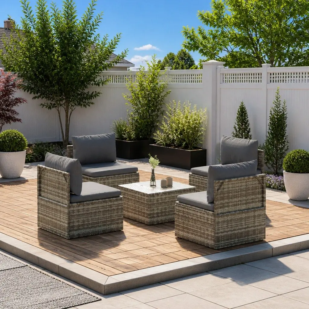 5 Piece Grey Rattan Lounge Set