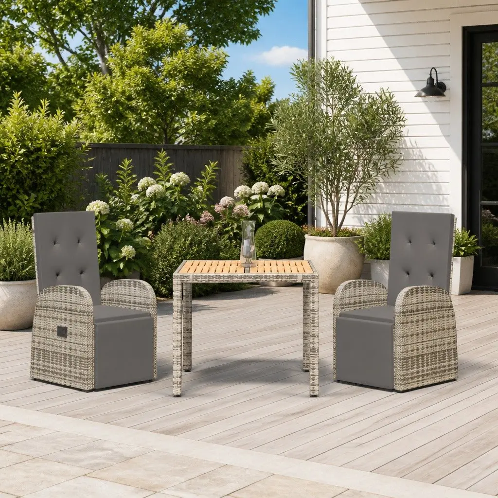 Garden Dining Set Outdoor Patio Furniture 3 Piece Reclining Chairs Table Grey