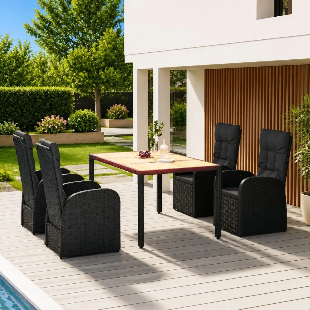 5 Piece Outdoor Garden Dining Set Black PE Rattan Chairs Table with Cushions