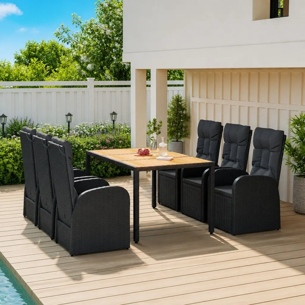 7 Piece Garden Dining Set Outdoor Dining Black PE Rattan Chairs Table with Cushions
