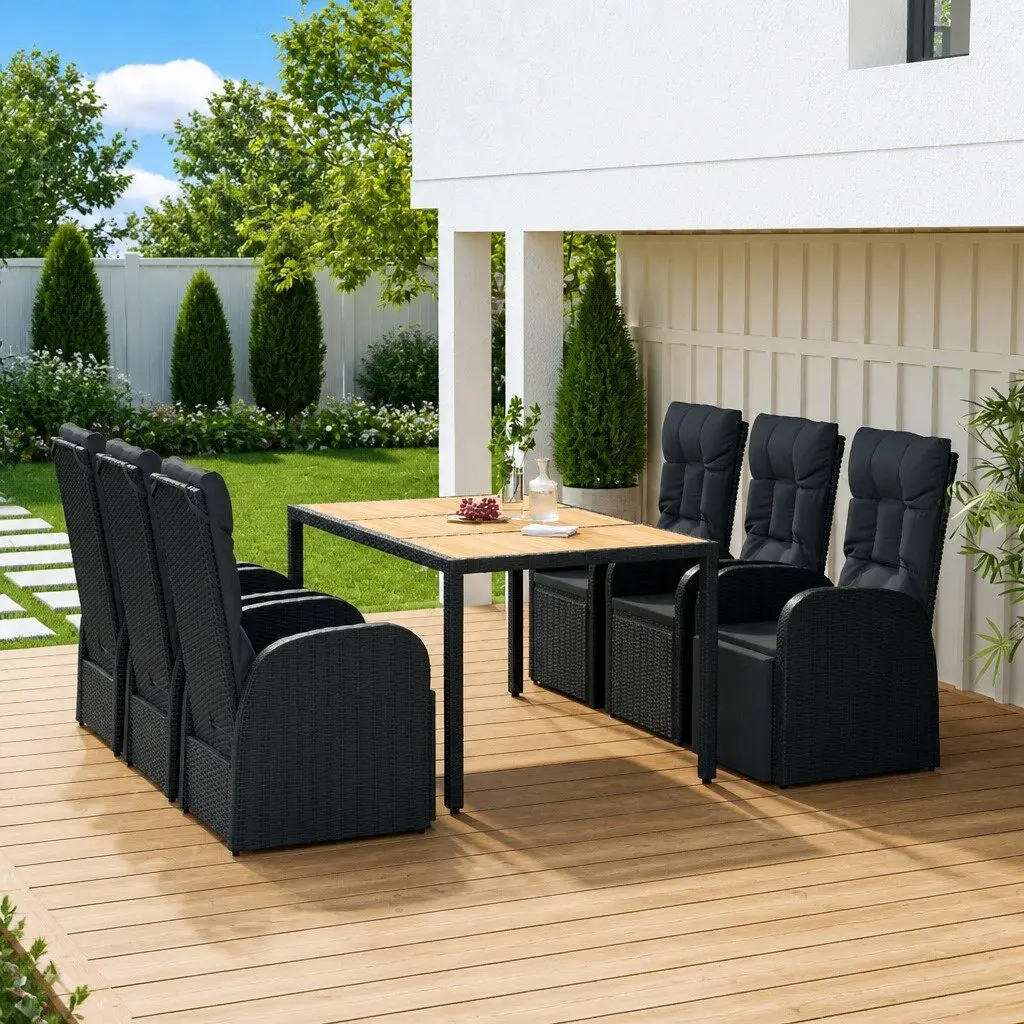 7 Piece Outdoor Garden Dining Set Black PE Rattan Chairs Table Cushions