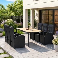 7 Piece Black Poly Rattan Garden Dining Set with Cushions