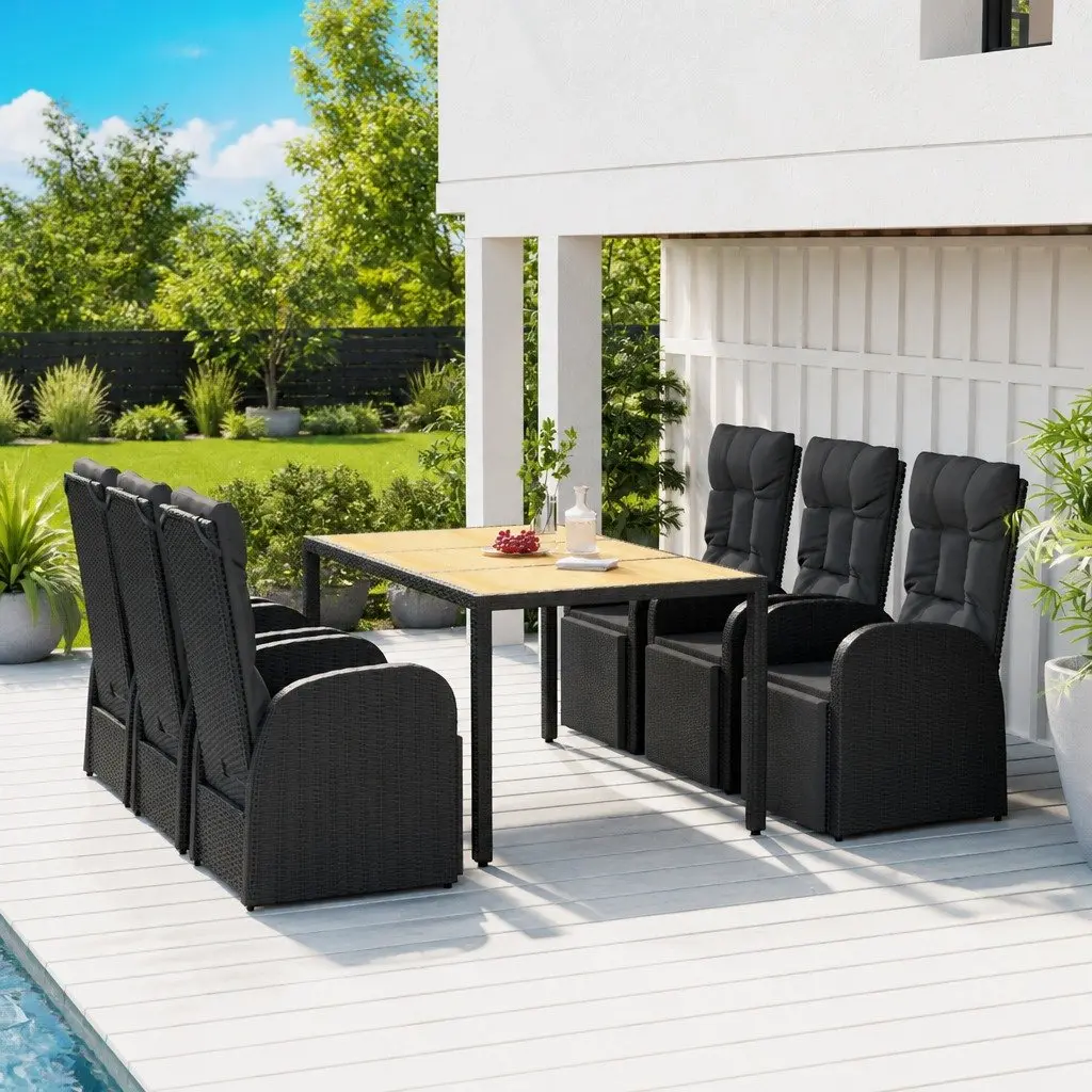 Garden Dining Set 7 Piece Black Poly Rattan Acacia Wood Outdoor Furniture
