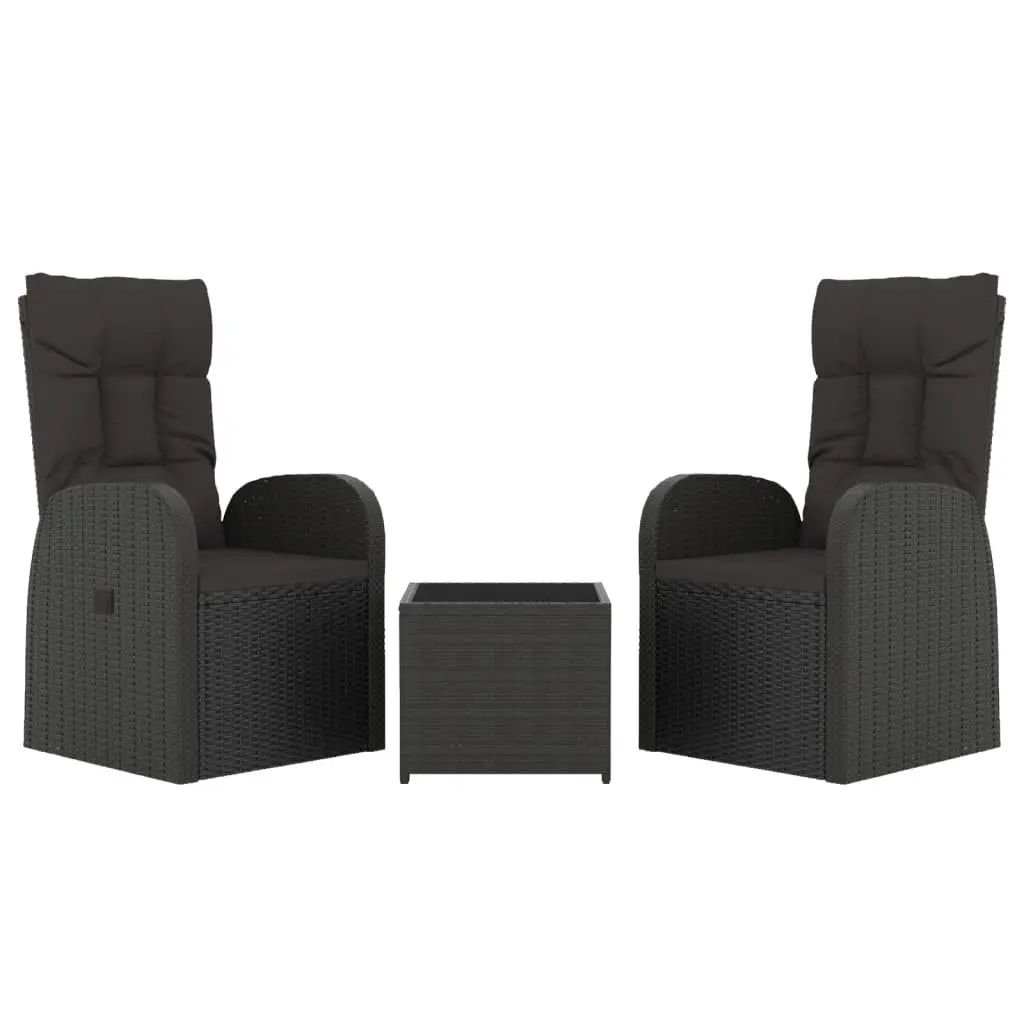 3 Piece Garden Lounge Set Outdoor Relaxation Black Reclining Chairs Tempered Glass Table