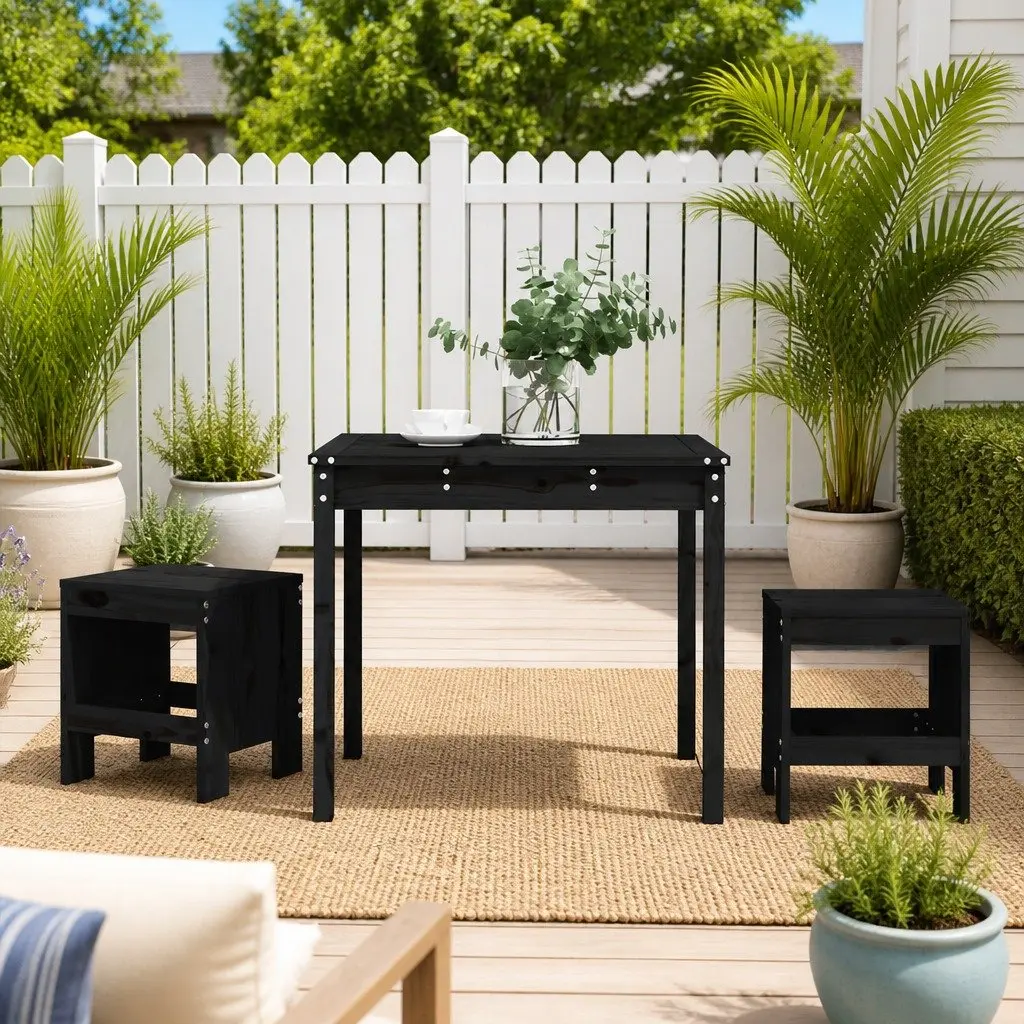 Garden Bistro Set Outdoor Furniture 3 Piece Solid Pine Wood Table Stools Black