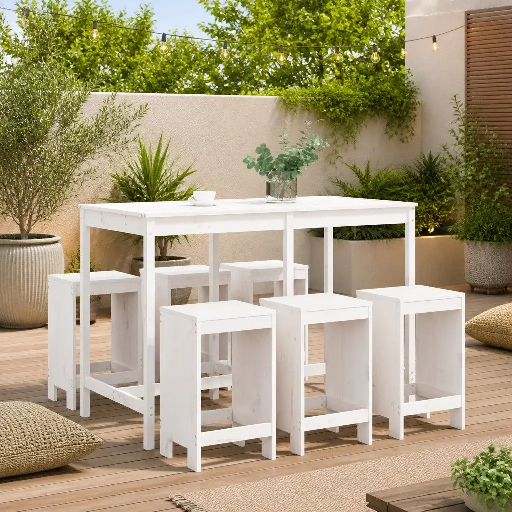 Garden Bar Set 7 Piece White Outdoor Furniture Patio Dining Solid Wood Stools