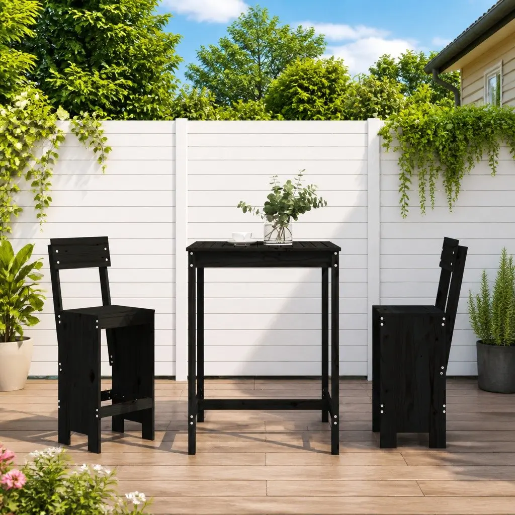 3 Piece Black Pine Wood Garden Bar Set