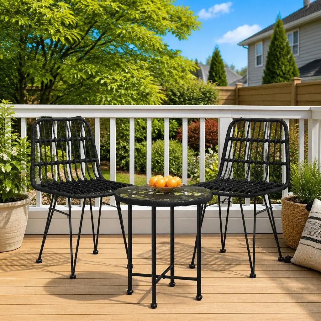 Outdoor Garden Dining Set 3 Piece Black PE Rattan Patio Furniture