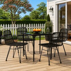 5 Piece Outdoor Dining Set Black Poly Rattan Garden Patio Furniture Table Chairs