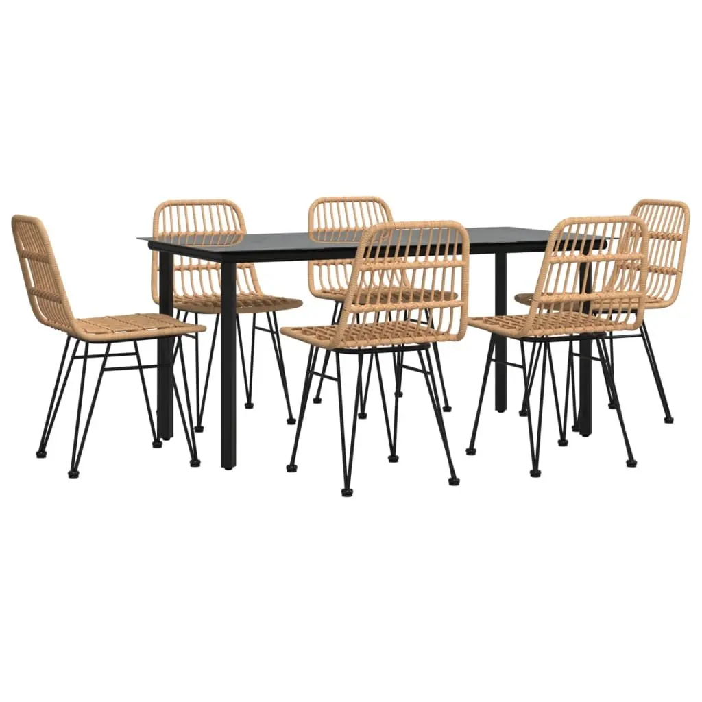 Outdoor Dining Set 7 Piece Garden Furniture for Patio and Yard Brown Poly Rattan with Steel Frame and Tempered Glass Top