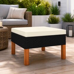 Outdoor Footstool Garden Lounger Rattan Frame with Eucalyptus Wood Legs Cushion