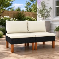 Outdoor Middle Sofas 2 Piece Rattan Sectional Seating Set Black Garden Furniture