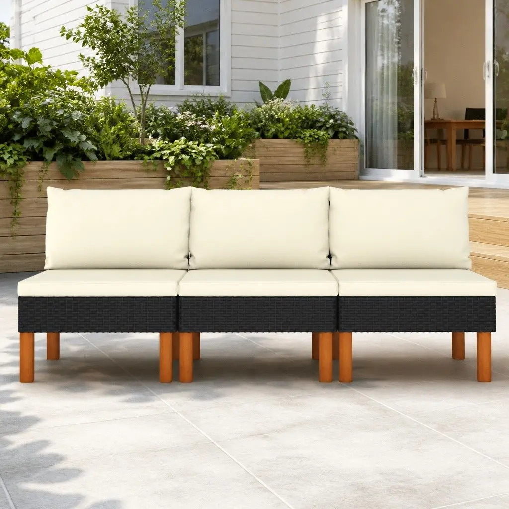 Outdoor Sectional Middle Sofas 3 pcs Garden Seating Black PE Rattan Steel Frame