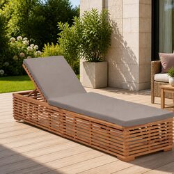 Solid Teak Lounger with Grey Cushion for Relaxation