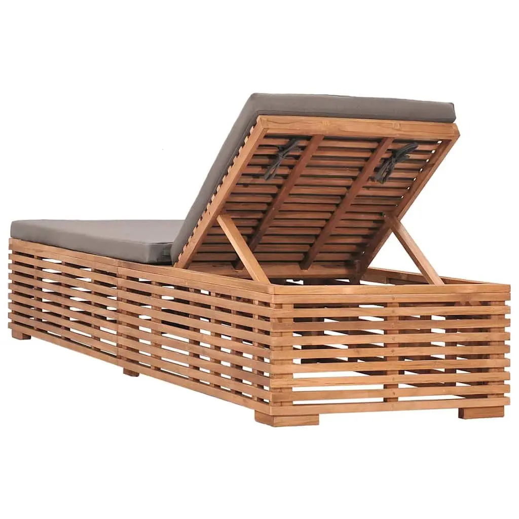 Sun Lounger Outdoor Reclining Chair Teak Wood Grey Cushion