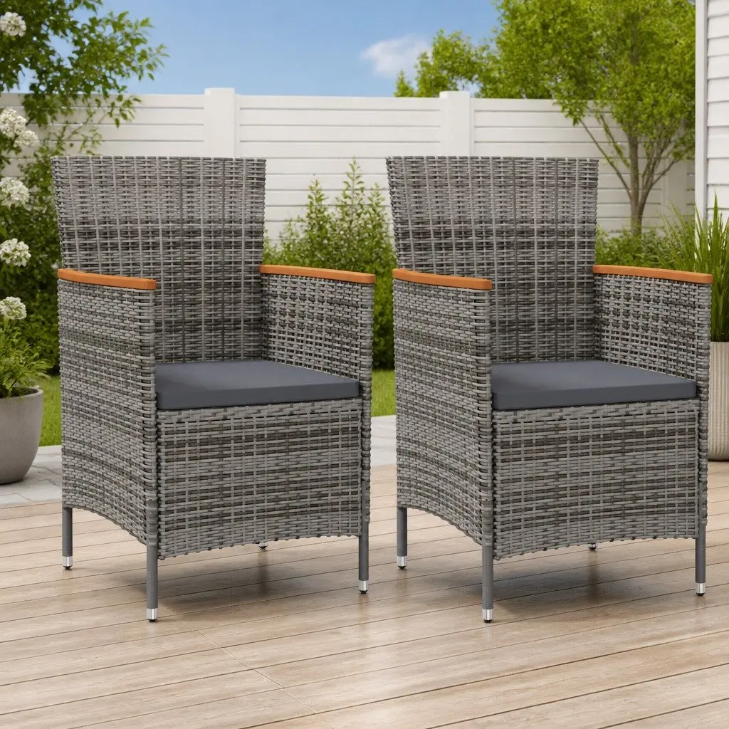 Outdoor Dining Chairs Grey 2 Piece Garden Poly Rattan Patio Seating with Cushion