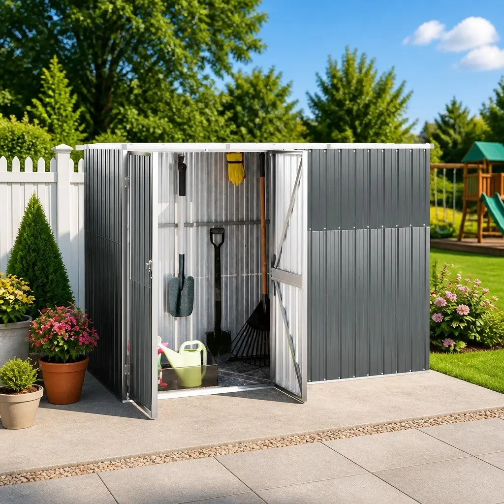 Garden Tool Shed Outdoor Storage 225x89x161 cm Grey Galvanised Steel Frame