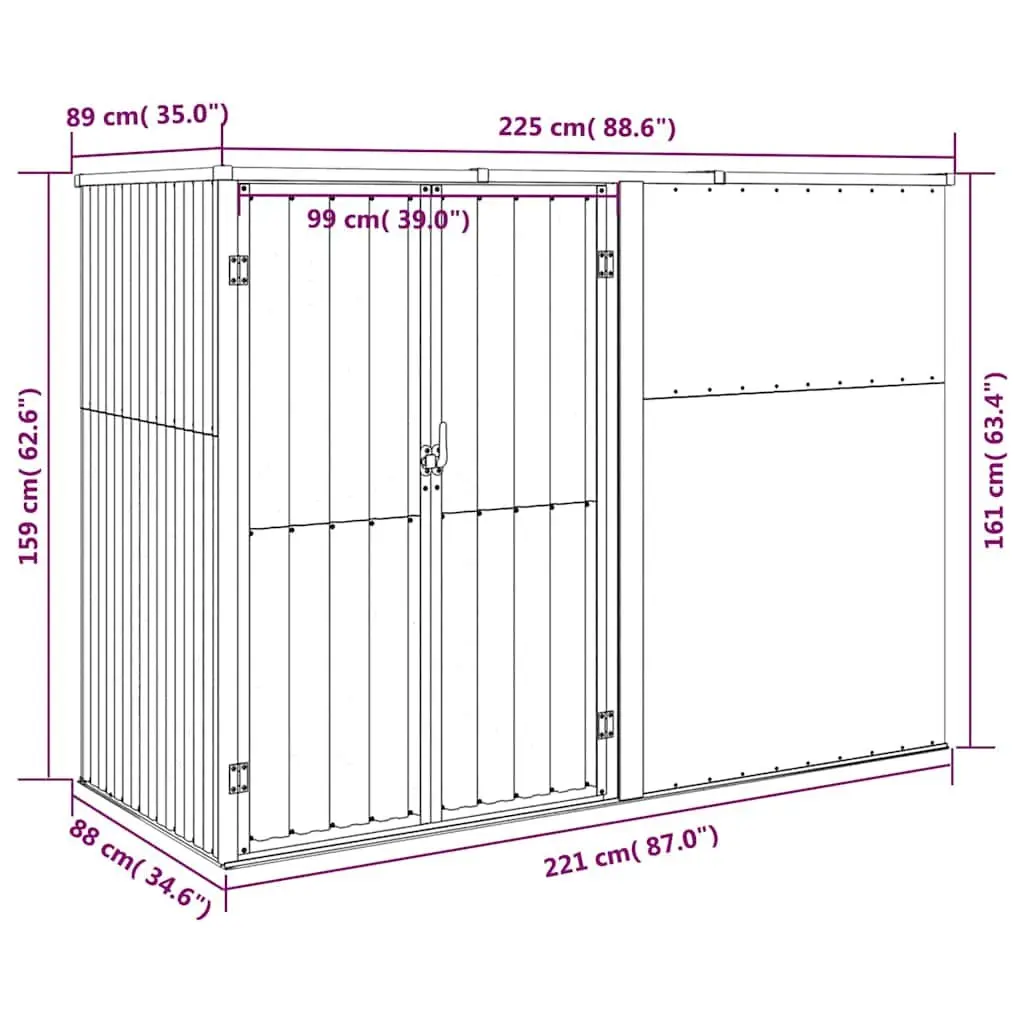 Garden Tool Shed Outdoor Storage 225x89x161 cm Grey Galvanised Steel Frame