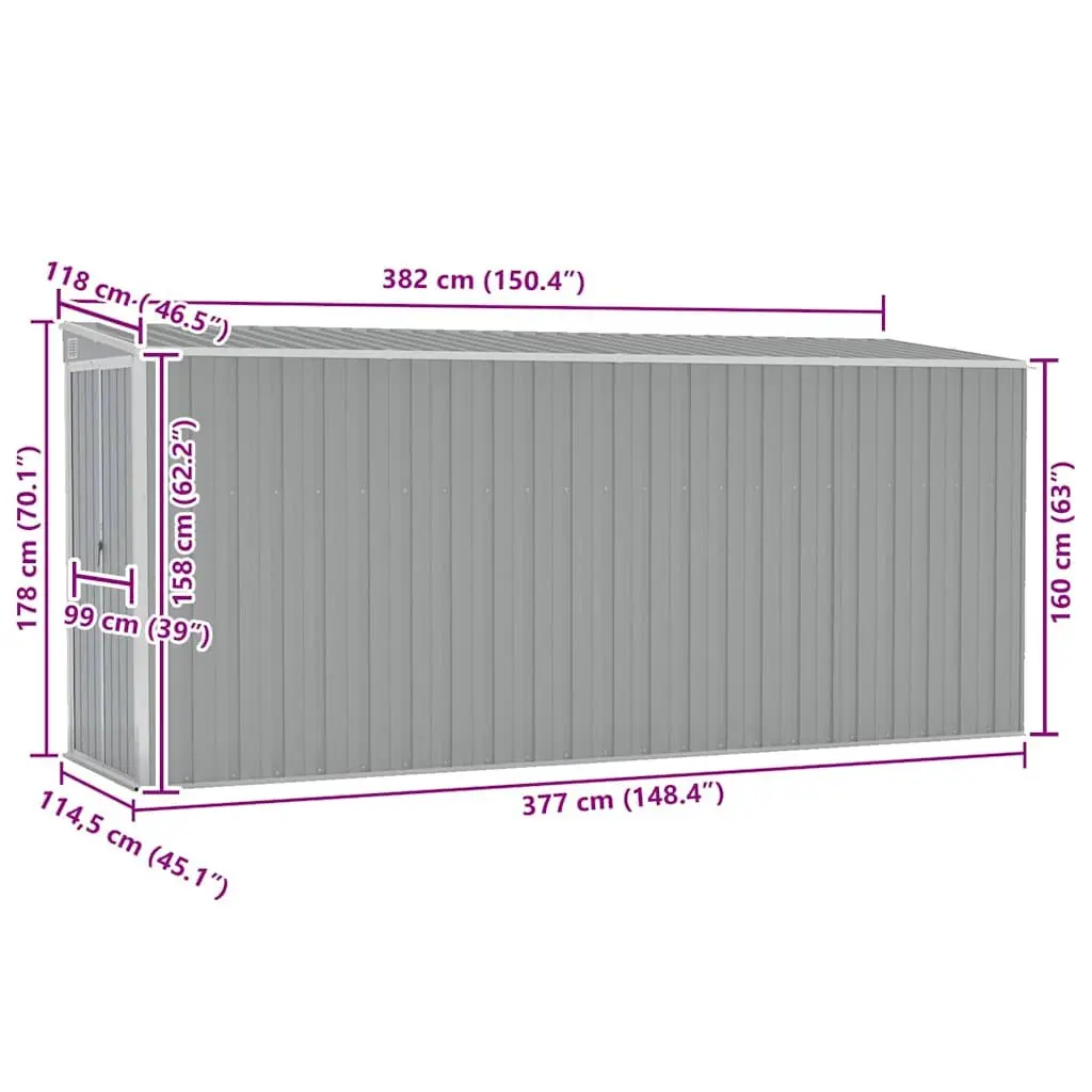Wall-mounted Garden Shed Storage Grey Galvanised Steel Outdoor 118x382x178 cm