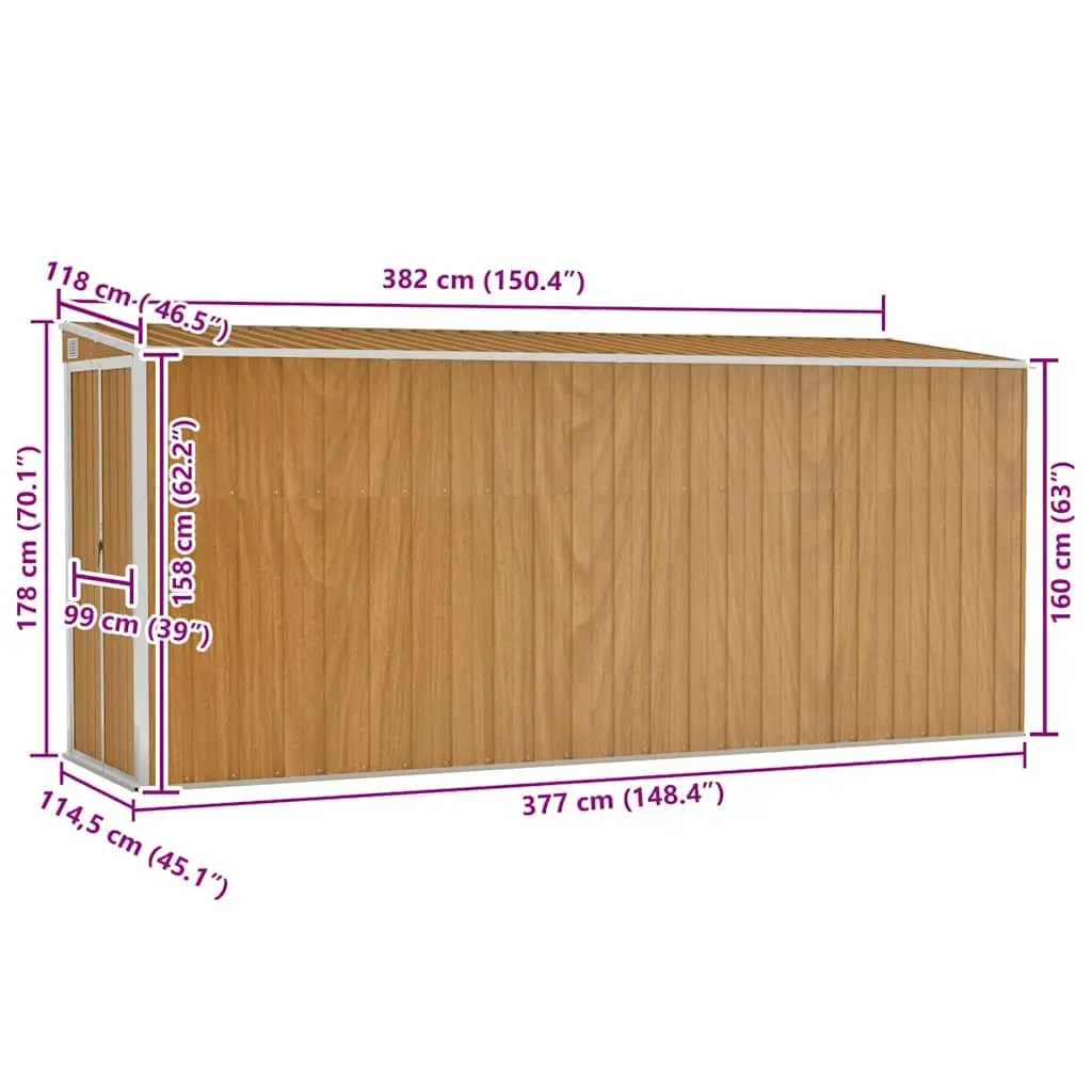 Wall-mounted Garden Shed Outdoor Storage 118 x 382 x 178 cm Brown Galvanised Steel Double Door
