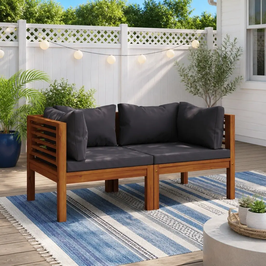 Outdoor Corner Sectional Sofa Set 2 pcs Grey Cushions Acacia Wood
