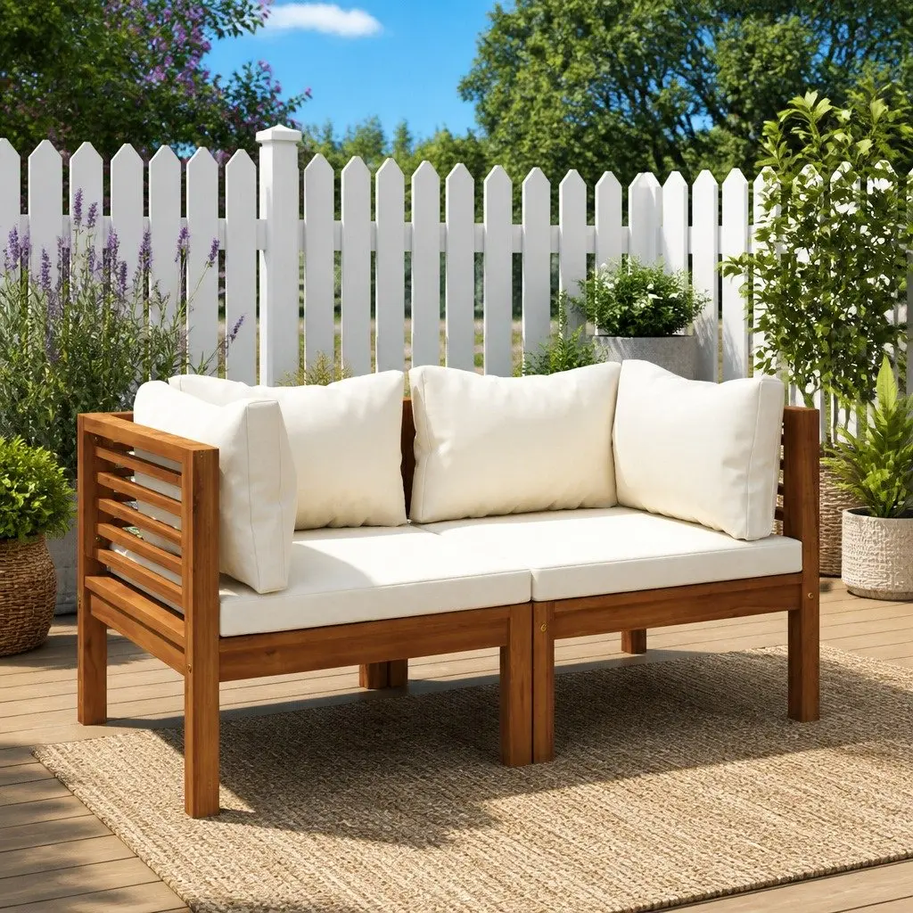 Outdoor Corner Sofa Set 2 pcs Solid Acacia Wood Garden Seating White Cushions
