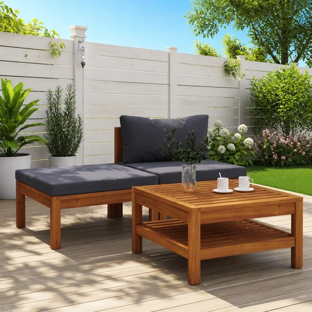 Acacia Wood 3 Piece Lounge Set for Outdoor Relaxation with Dark Grey Cushions and Coffee Table