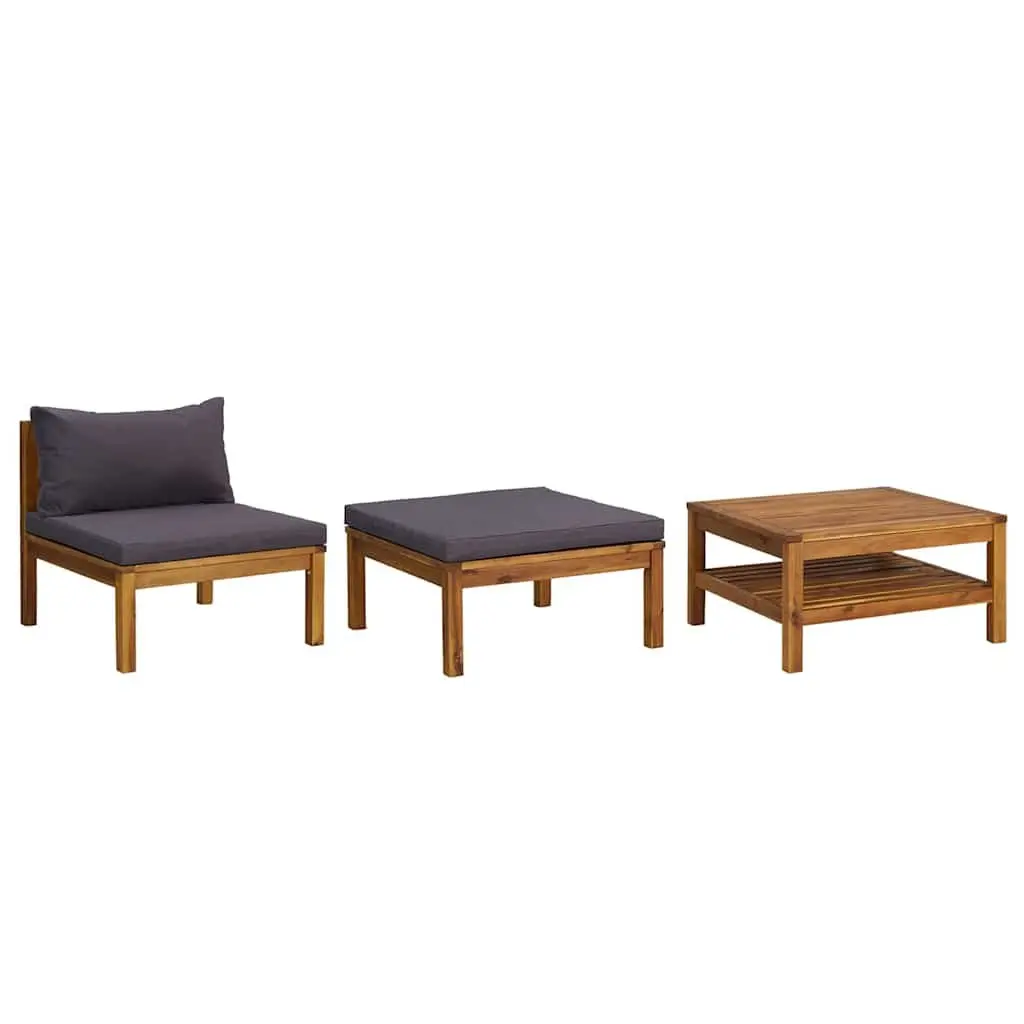 Acacia Wood 3 Piece Lounge Set for Outdoor Relaxation with Dark Grey Cushions and Coffee Table
