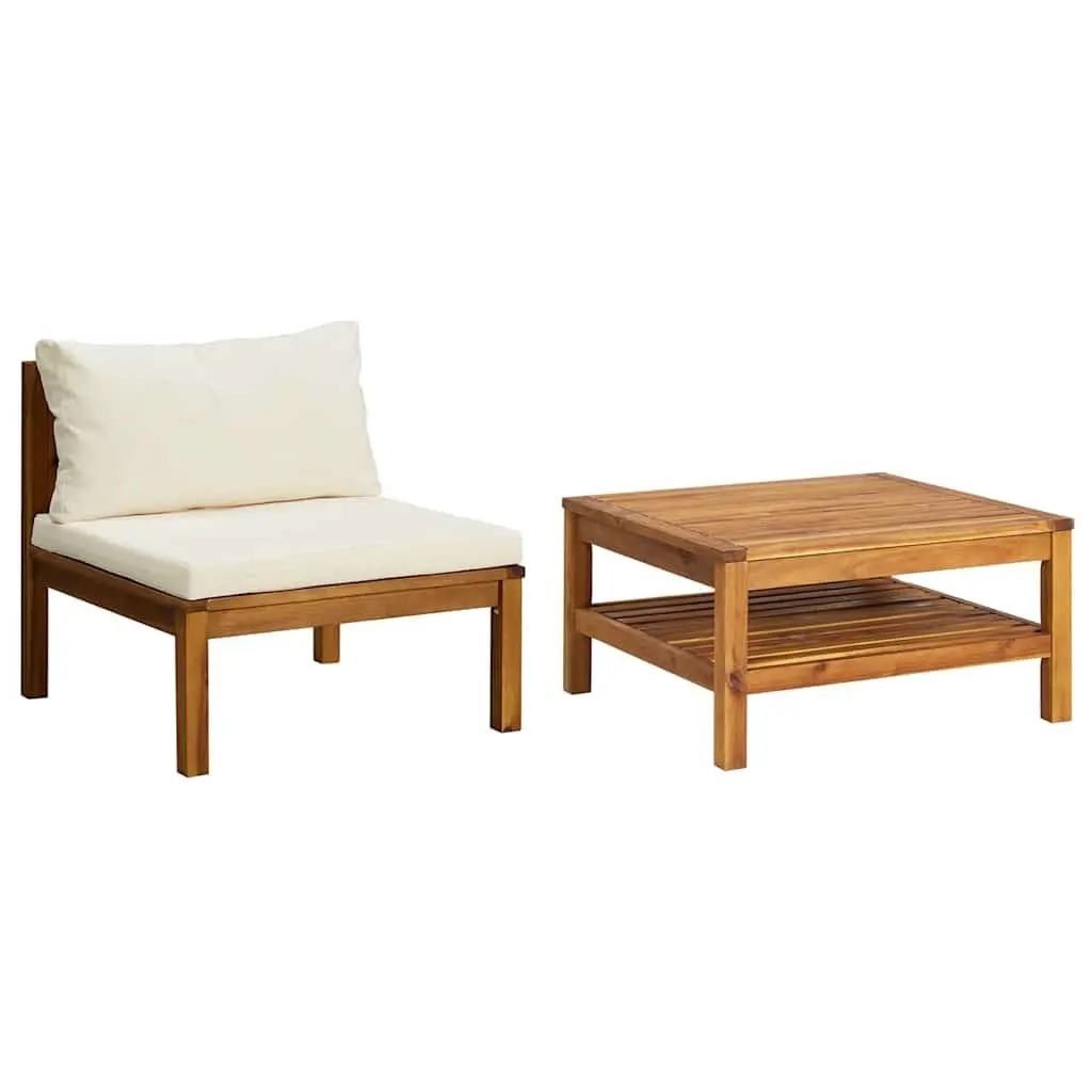 Outdoor Sectional Sofa Set Garden Seating 2 Piece Acacia Wood White Cushions