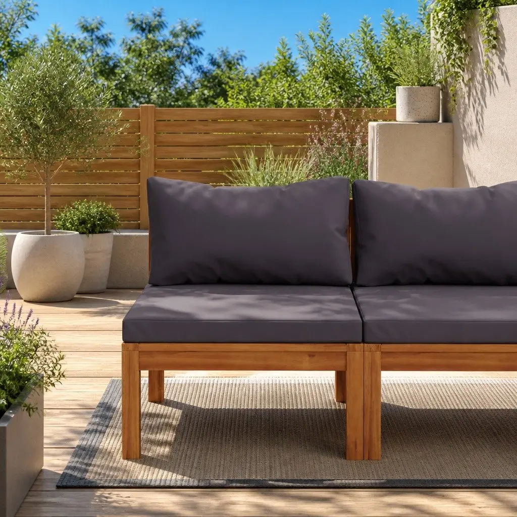 Outdoor Sectional Middle Sofa Modular Seat Grey Cushions Solid Wood