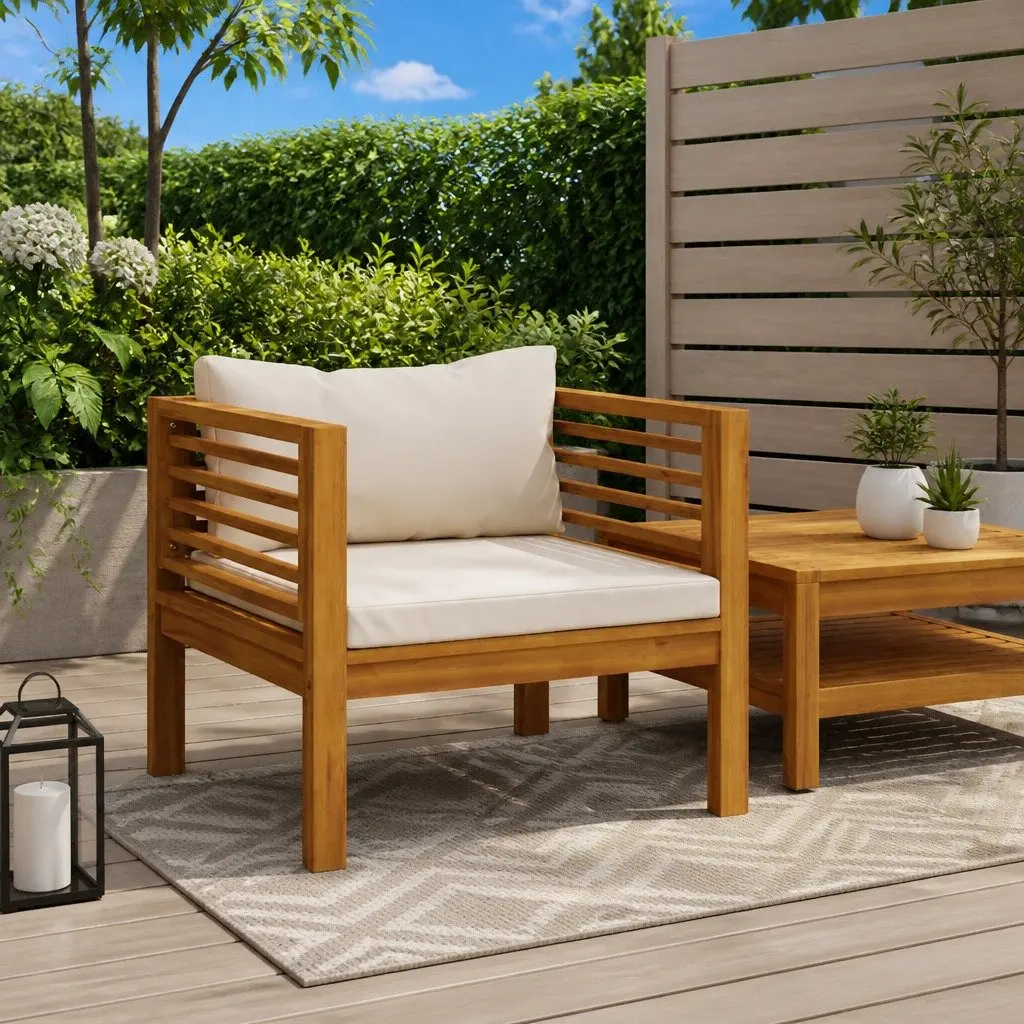 Garden Chair Outdoor Seating Solid Acacia Wood Cream White Cushions