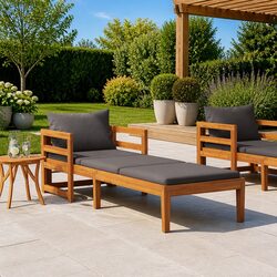Durable Wooden Sun Lounger with Grey Cushions for Comfort