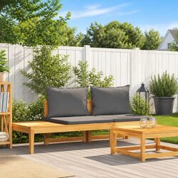 Garden Bench with Attached Table Grey Cushions Solid Acacia Wood Outdoor Seating