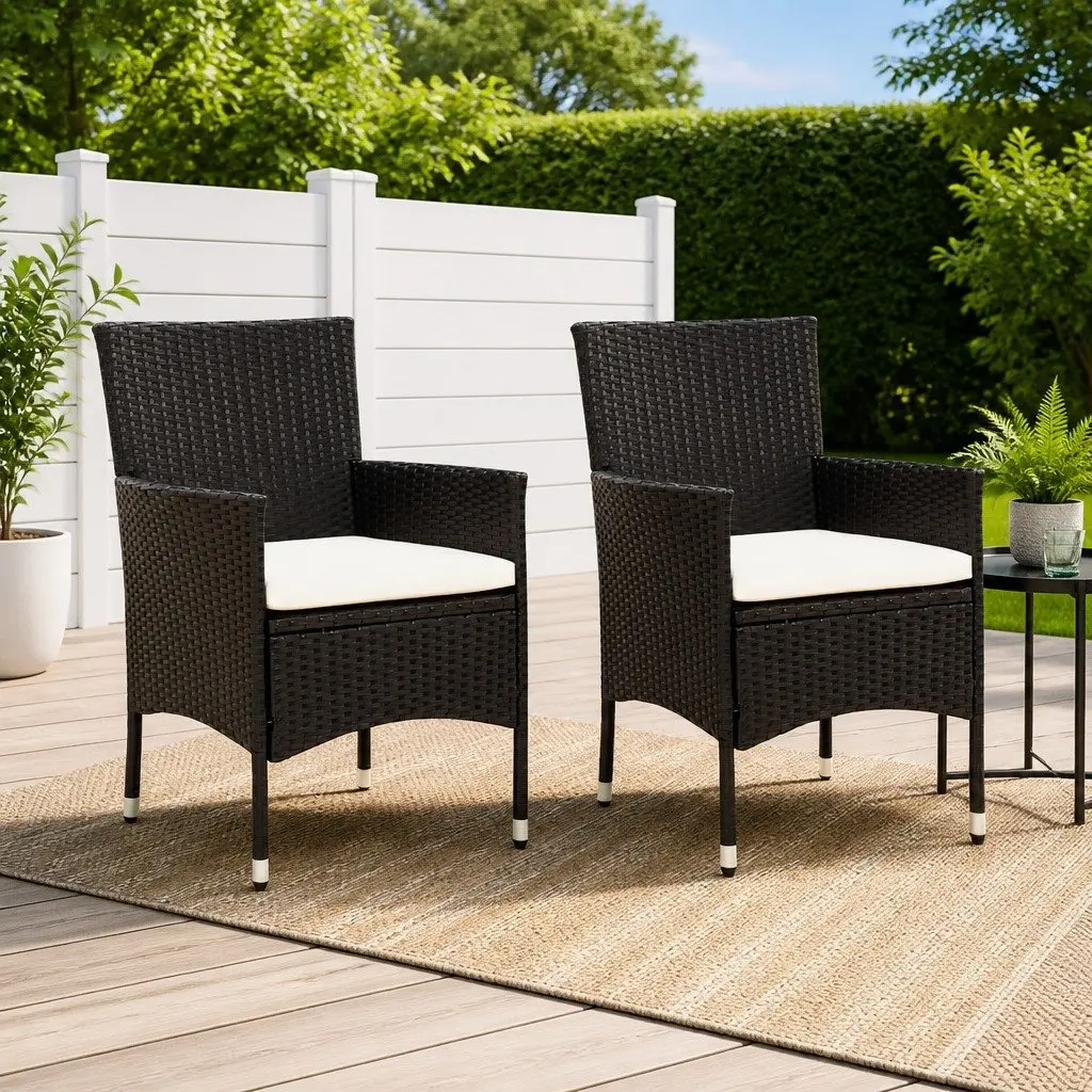 Outdoor Chairs with Cushions Set 2 pcs Garden Patio Seating Black Rattan