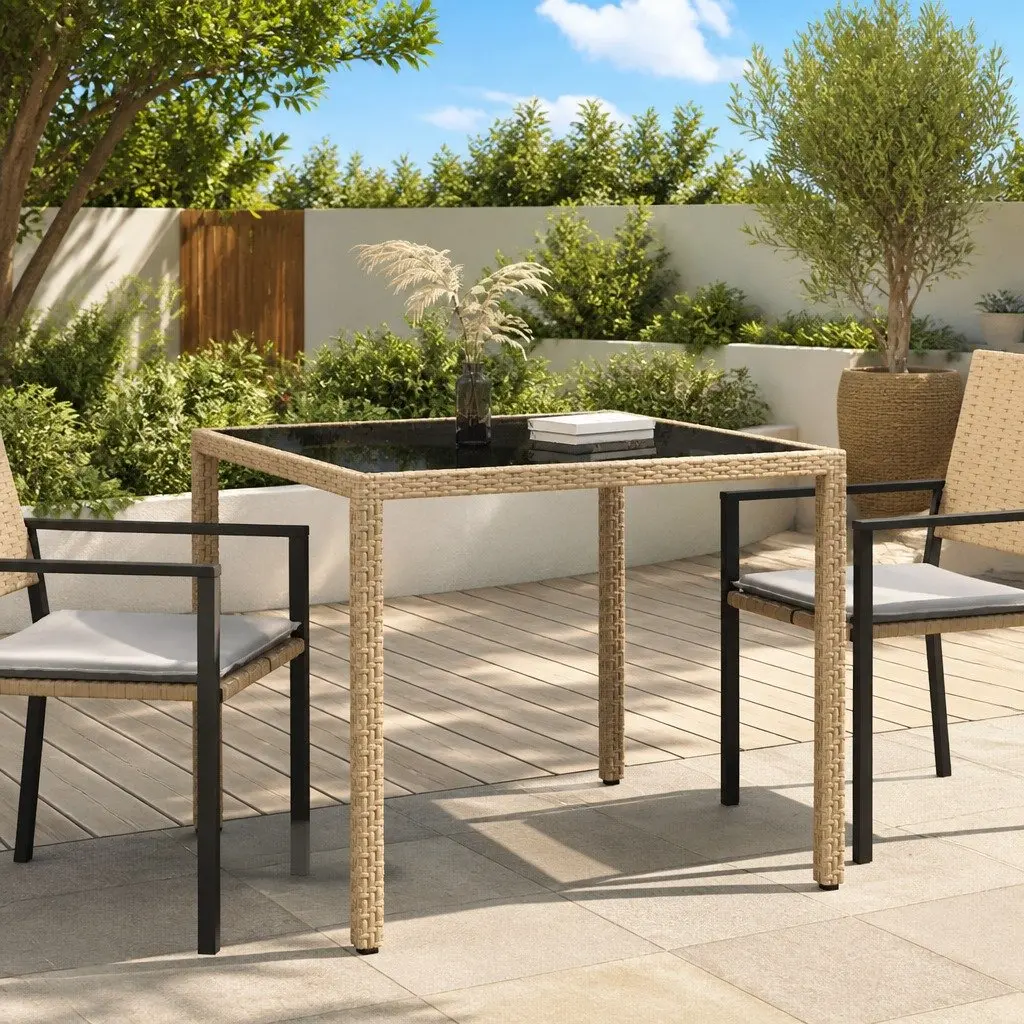 Outdoor Garden Table 90x90x75cm Tempered Glass Top Poly Rattan Patio Furniture