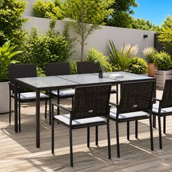 Garden Table Brown Outdoor Furniture Poly Rattan Steel Frame Tempered Glass Top