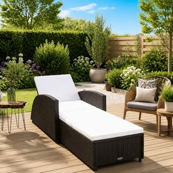 Weather-Resistant Black Rattan Lounger with Cream Cushion