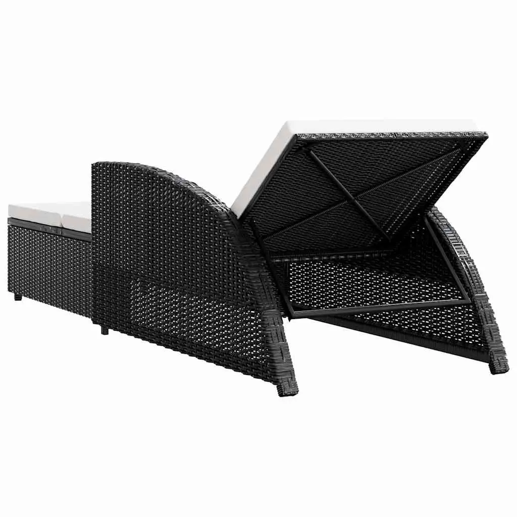 Sun Lounger Outdoor Patio Rattan Black with Adjustable Backrest Cream Cushion