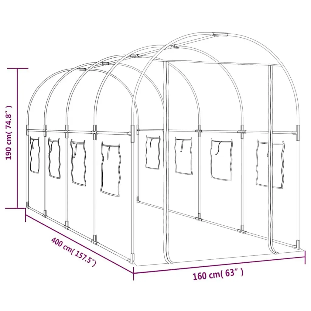 Transparent PVC Greenhouse 160x400x190cm Steel Frame Roll-Up Windows