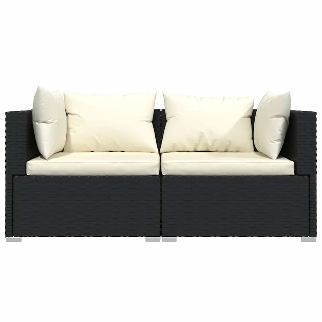 2-Seater Outdoor Sofa Black Poly Rattan Garden Furniture with Cushions