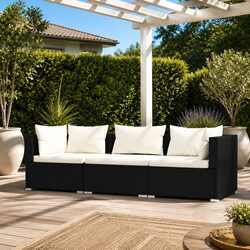 Reliable 3-Seater Black Rattan Sofa with Cushions