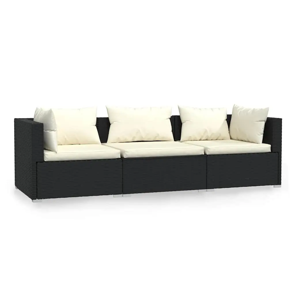 3-Seater Sofa Outdoor Furniture Black Rattan Cushions Garden Patio