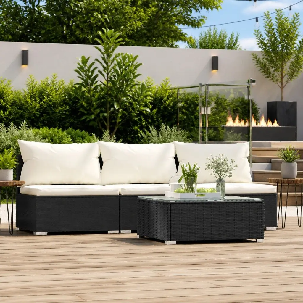 Garden Lounge Set 4 Piece Outdoor Patio Furniture Modular Black Rattan with Cushions