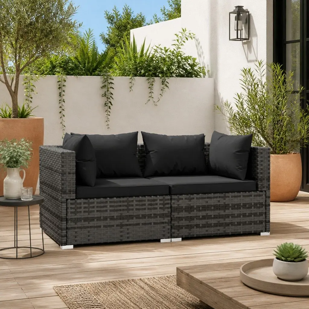 2-Seater Outdoor Garden Sofa with Cushions Grey Rattan Patio Furniture Set
