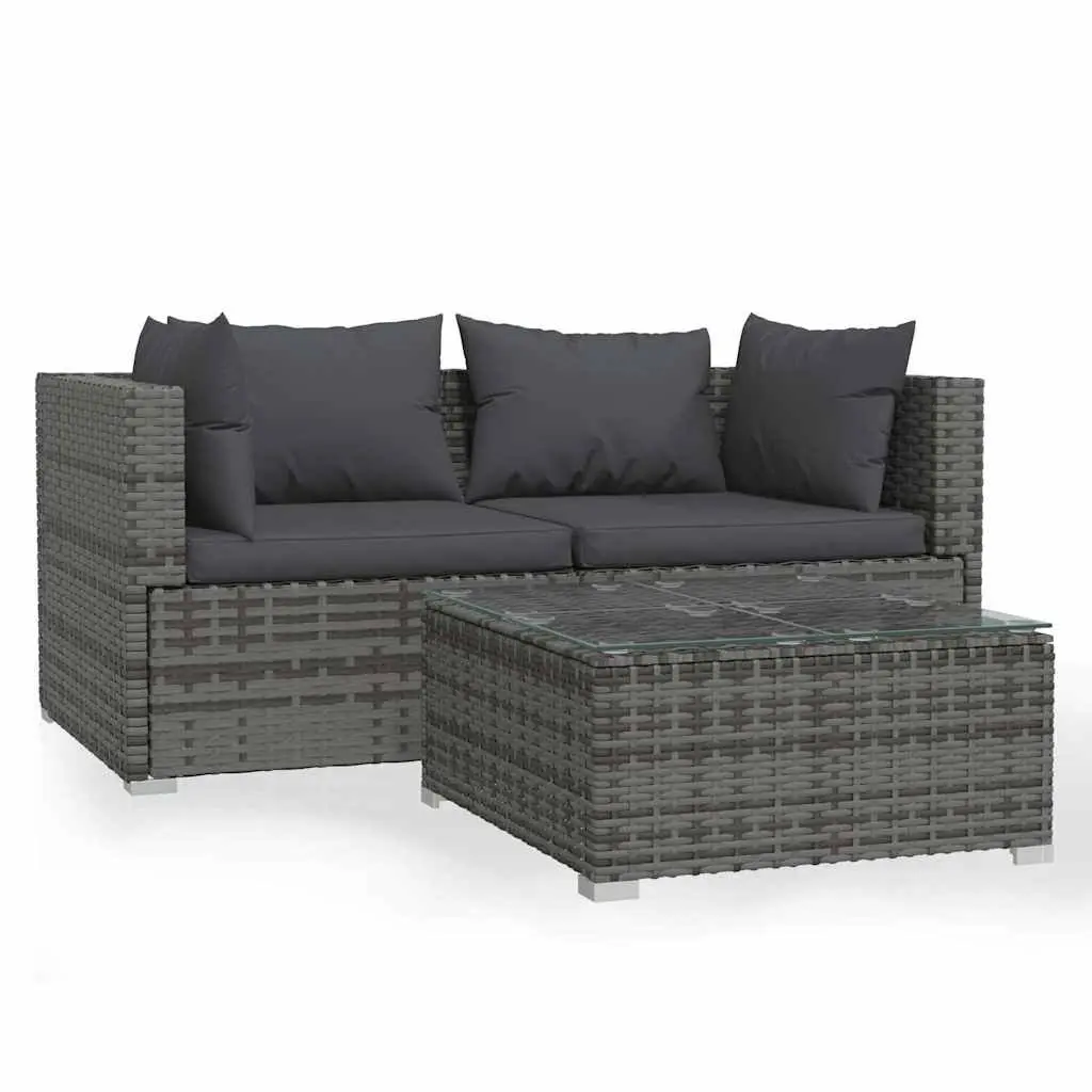 3 Piece Garden Lounge Set Grey Poly Rattan Outdoor Furniture with Cushions